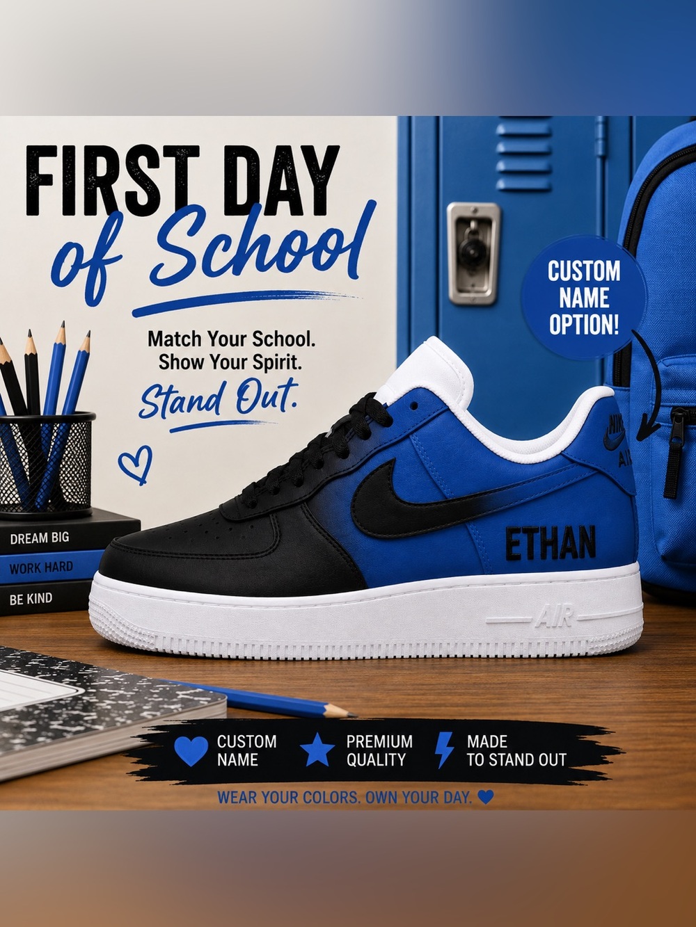 Custom School Spirit Nike Air Force 1 Shoes Personalized Back to School Sneakers